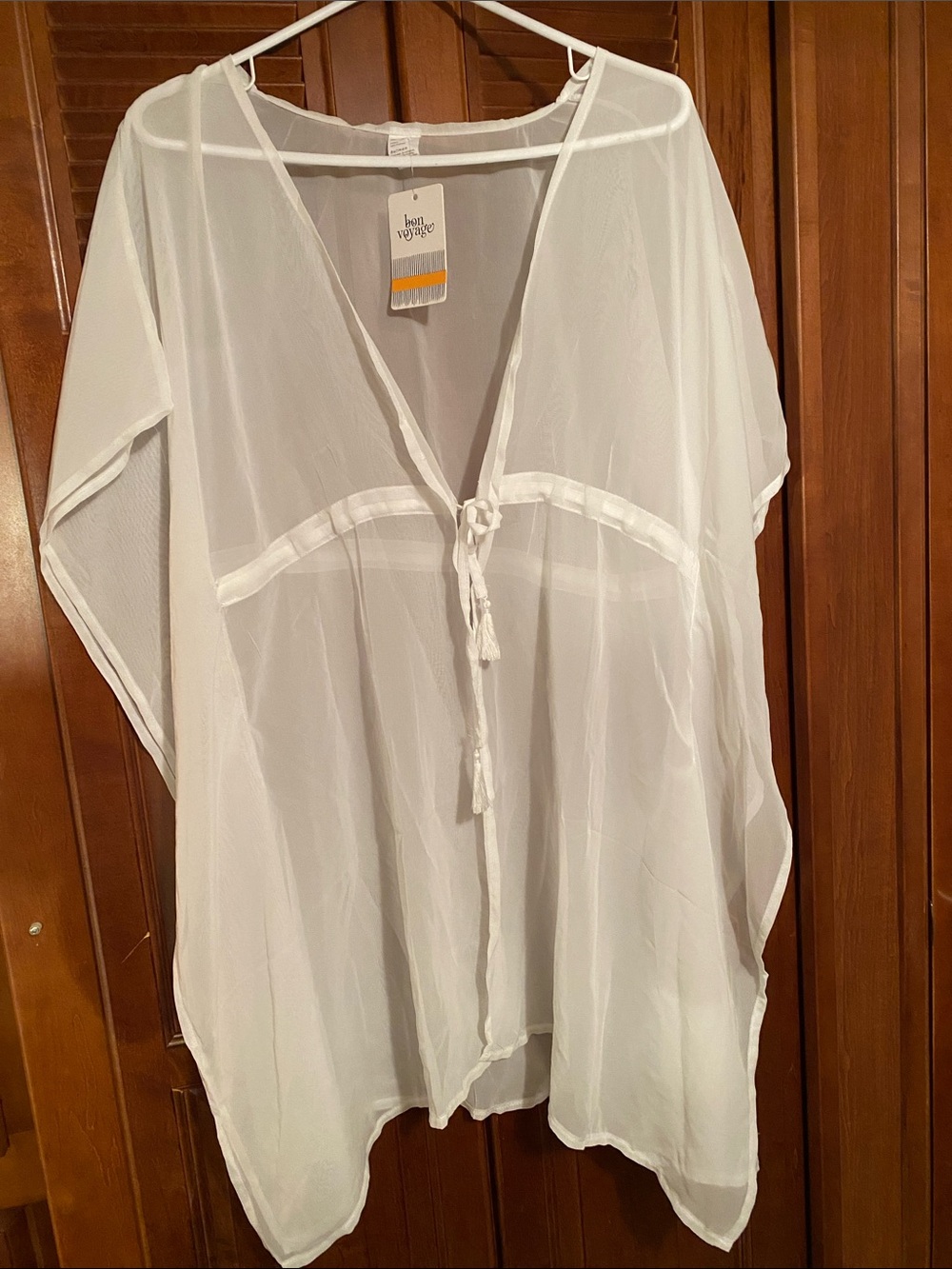 White V-Neck Swim Coverup with Front Tie by Bon Voyage NWT Sheer Summer Resort